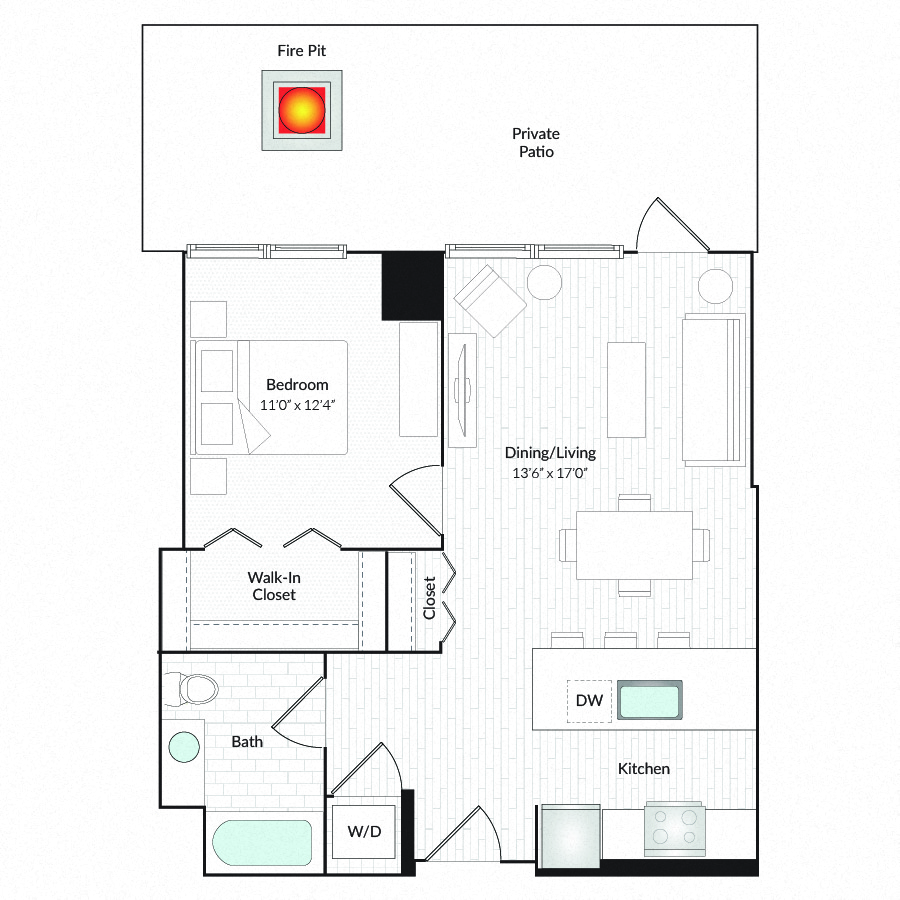 Floor plan for 1 bed, 1 bath, 742 sqft